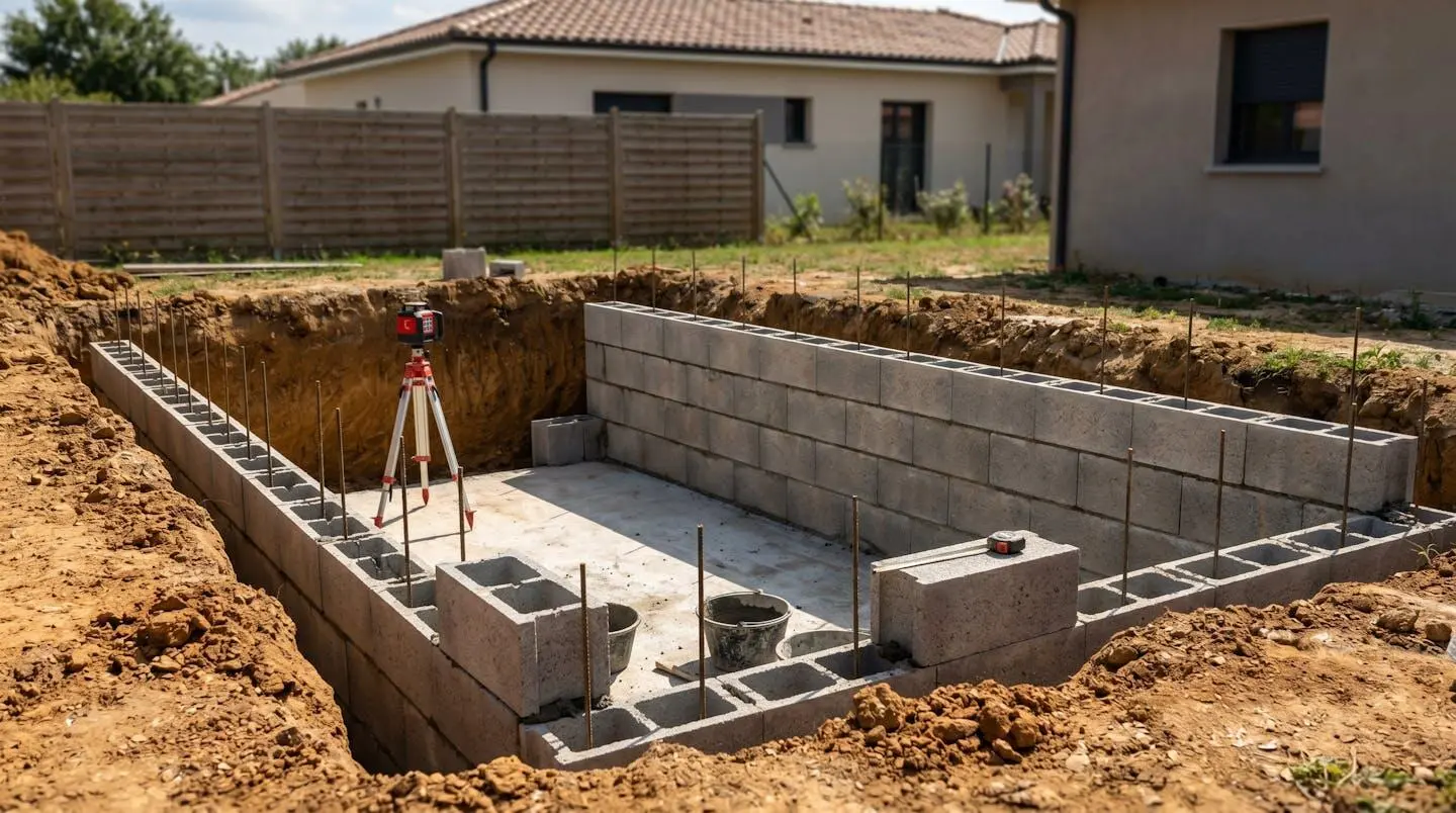 Chantier installation piscine en blocs béton modulaires empilés avec ferraillage vertical, excavation partielle dans sol argileux et matériel de chantier professionnel