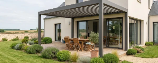Jardin résidentiel français avec pergola aluminium bioclimatique à lames orientables installée sur terrasse bois, créant un espace ombragé aménagé avec mobilier extérieur sous lumière naturelle douce