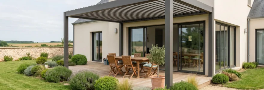 Jardin résidentiel français avec pergola aluminium bioclimatique à lames orientables installée sur terrasse bois, créant un espace ombragé aménagé avec mobilier extérieur sous lumière naturelle douce
