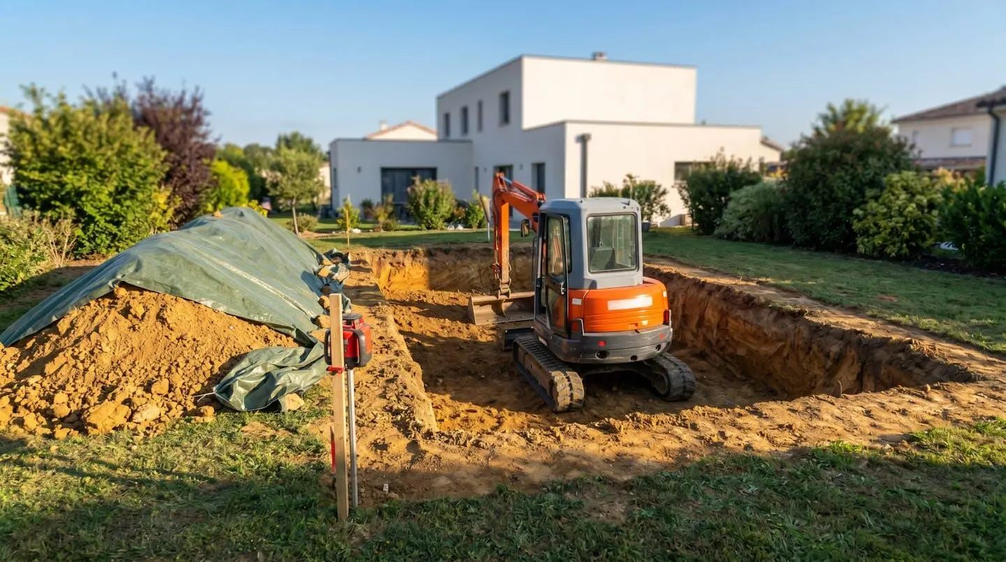 Mini-pelle dans excavation partielle rectangulaire d'un mètre de profondeur sur terrain résidentiel en pente, montrant le principe de terrassement réduit de la piscine semi-enterrée