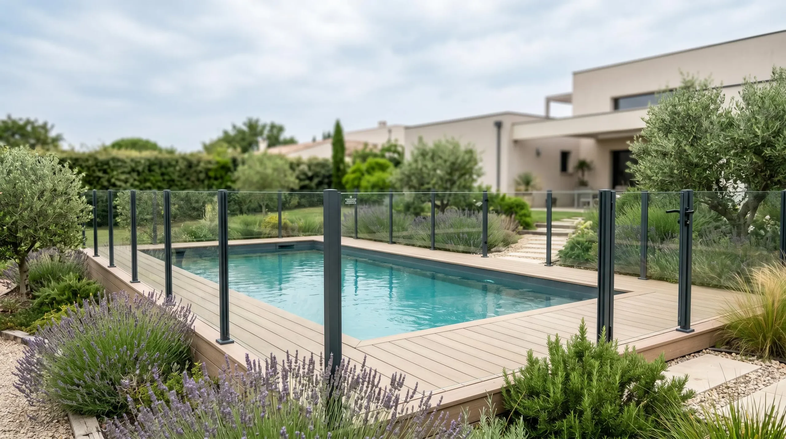 Piscine semi-enterrée équipée d'une barrière de sécurité vitrée transparente normalisée avec portillon, entourée de plage en bois composite et végétation méditerranéenne
