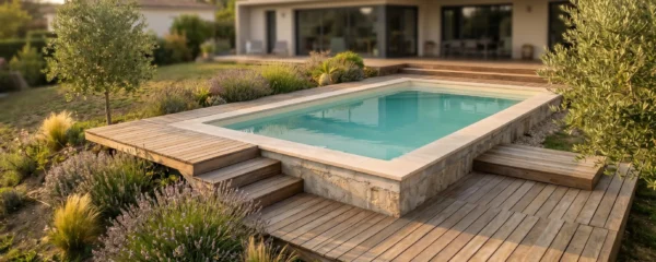 Piscine semi-enterrée rectangulaire avec partie haute de la structure dépassant du sol côté pente, terrasse bois multi-niveaux et végétation méditerranéenne dans jardin résidentiel français
