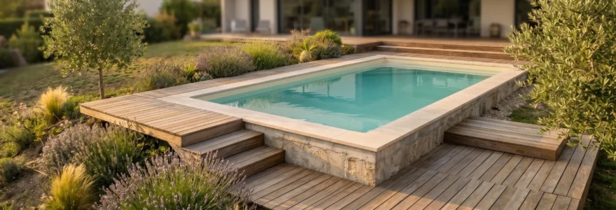 Piscine semi-enterrée rectangulaire avec partie haute de la structure dépassant du sol côté pente, terrasse bois multi-niveaux et végétation méditerranéenne dans jardin résidentiel français
