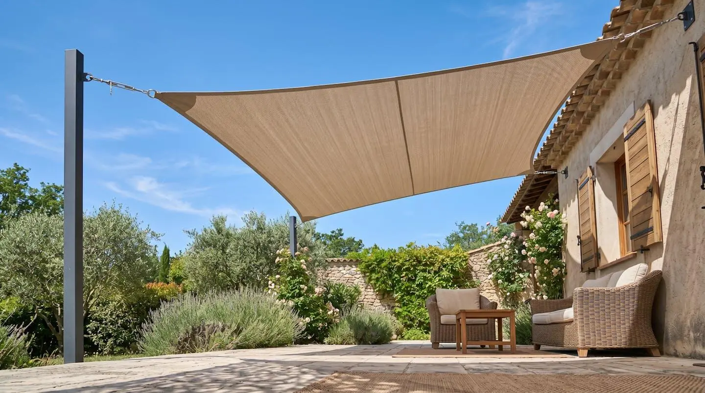 Voile d'ombrage triangulaire beige tendu au-dessus d'une terrasse résidentielle française, créant une zone ombragée avec mobilier de jardin en dessous, lumière naturelle filtrant à travers la toile